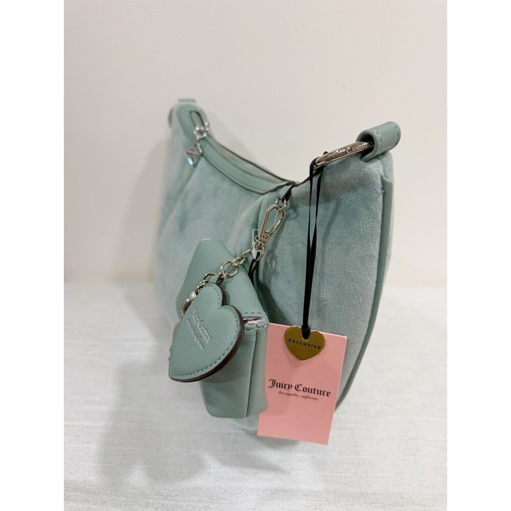 NWT Juicy Couture Queen Couture Hobo Bag Sage Mint Green Velour Rhinestone Heart - Picture 6 of 10